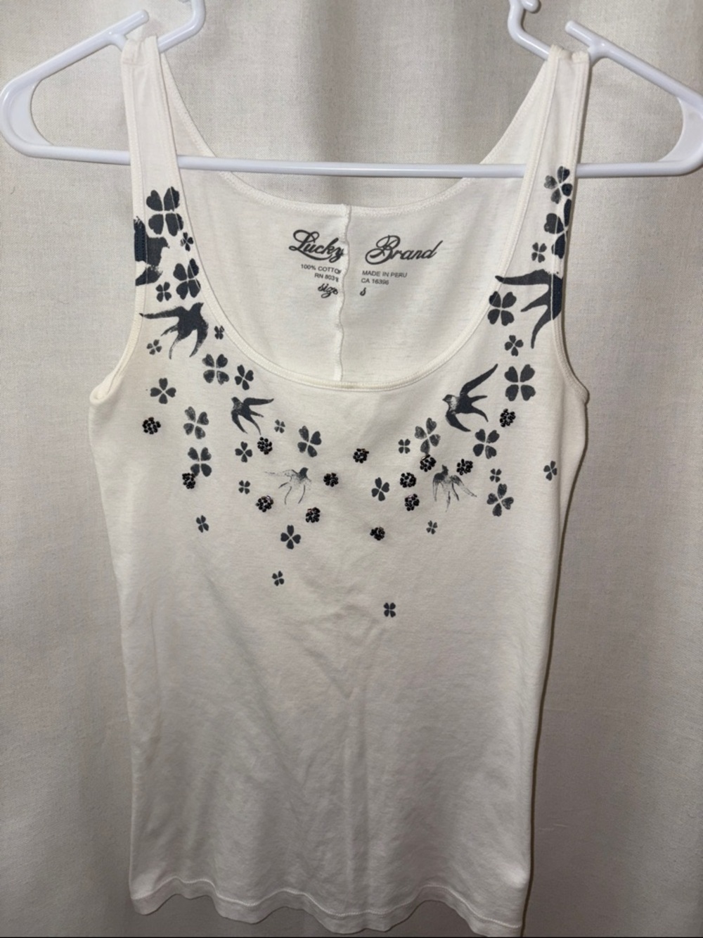 Lucky Brand Cream Tank with Black Floral & Bird Print